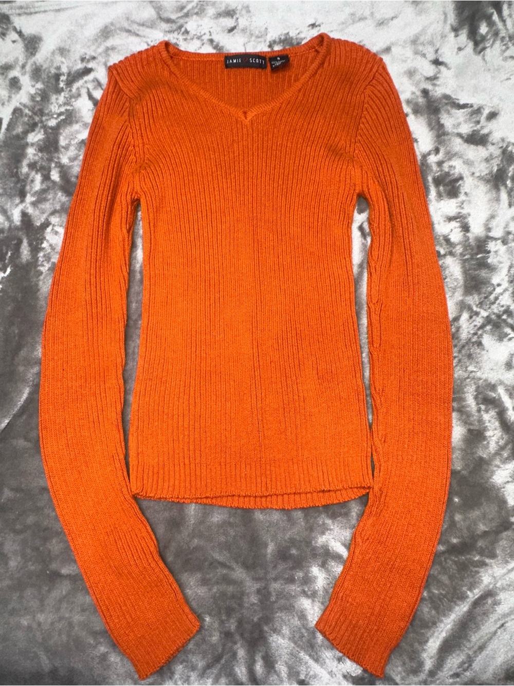 Janet Scotts Orange Ribbed V-Neck Sweater for Women